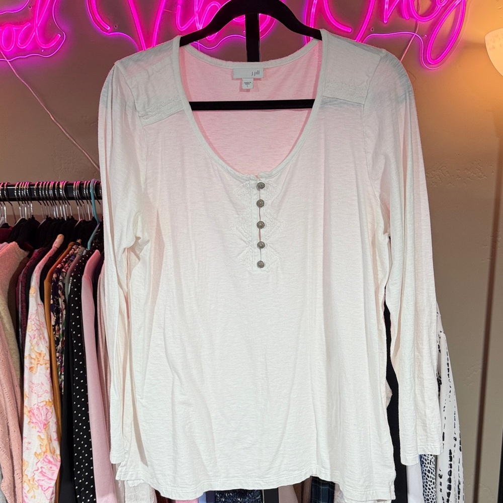 J. Jill White Long Sleeve Cotton Top with Button Accents